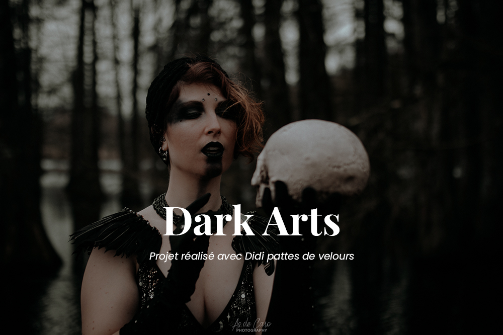 Image de présentation d'un projet photo artistique dark d'une femme avec un maquillage noir et des plumes à Grenoble